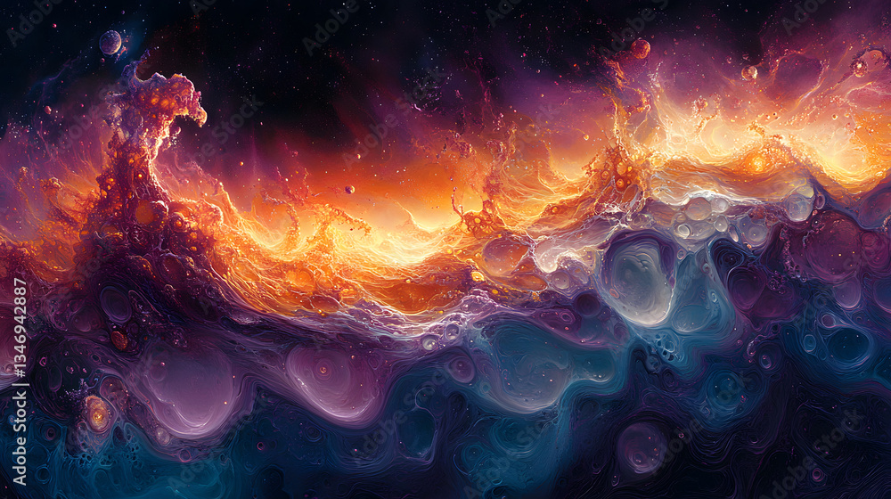 Poster a vibrant, abstract wave of colors resembling cosmic elements, featuring deep blues and fiery orange
