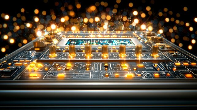 Time warp future parallel. A close-up view of a circuit board illuminated by sparkling lights, showcasing intricate details and a futuristic aesthetic.