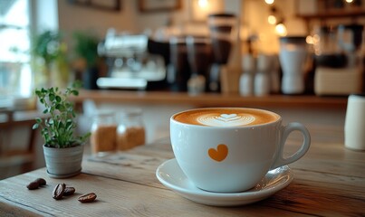 A cappuccino cup on a wooden counter. The drink features a milk foam design of a leaf. In the background, blurry elements of a café interior, such as an espresso machine and shelves. The lighting crea
