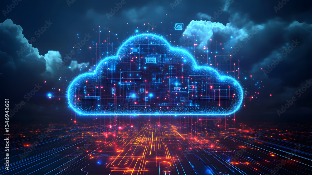 Poster a futuristic digital cloud with glowing circuits symbolizes data storage and technology, set against