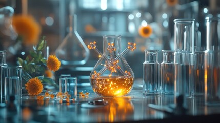 Laboratory experiment with glowing molecules, flowers, and glassware