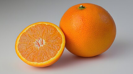 Whole Orange and a Freshly Cut Slice on a Soft Grey Background Highlighting Natural Vibrancy