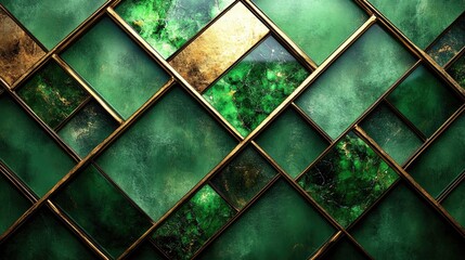 Emerald green marble wall, gold frame, geometric pattern, luxury background, design texture