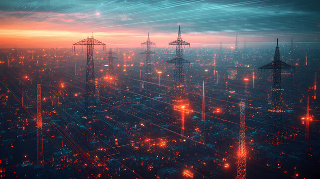 Electric City: A mesmerizing landscape of a modern cityscape. Electric poles and infrastructure glows under a dramatic sunset, creating a sense of energy and industry.