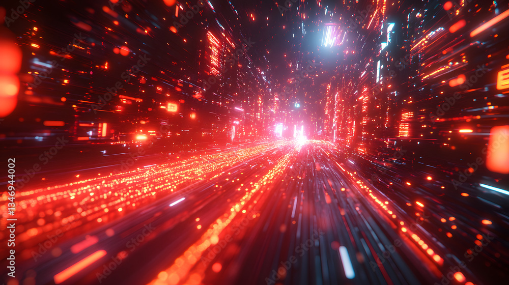 Poster a vibrant, futuristic scene depicting a high-speed digital landscape with glowing elements in red an