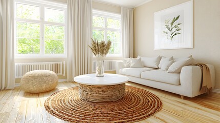Bright and Cozy Living Room with Natural Light and Minimalist Decor Featuring Comfortable Furniture