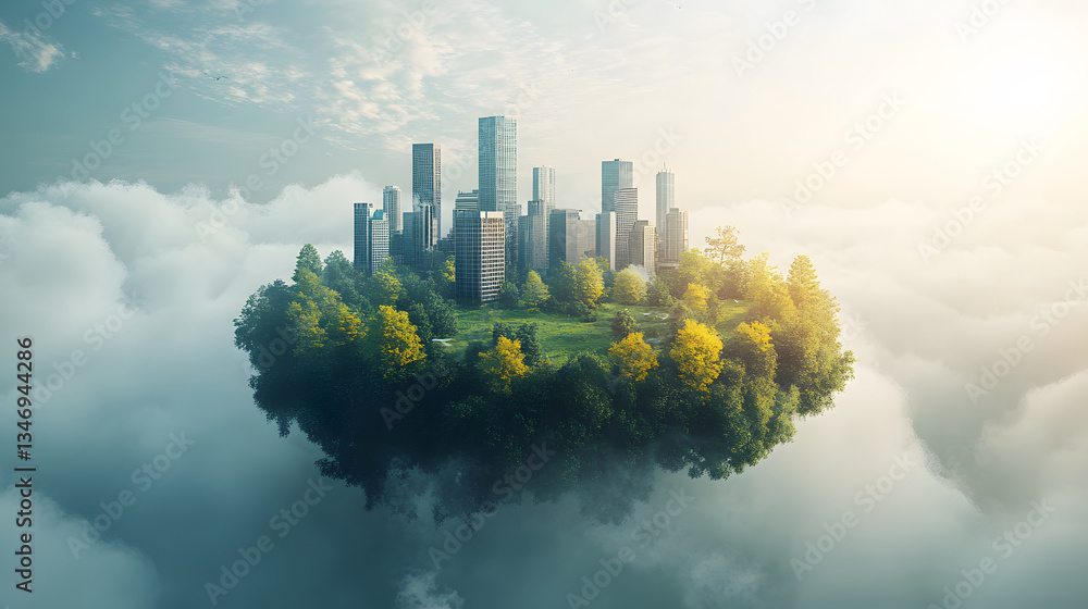 Poster a floating city surrounded by clouds, featuring a mix of skyscrapers and lush greenery, creating a s