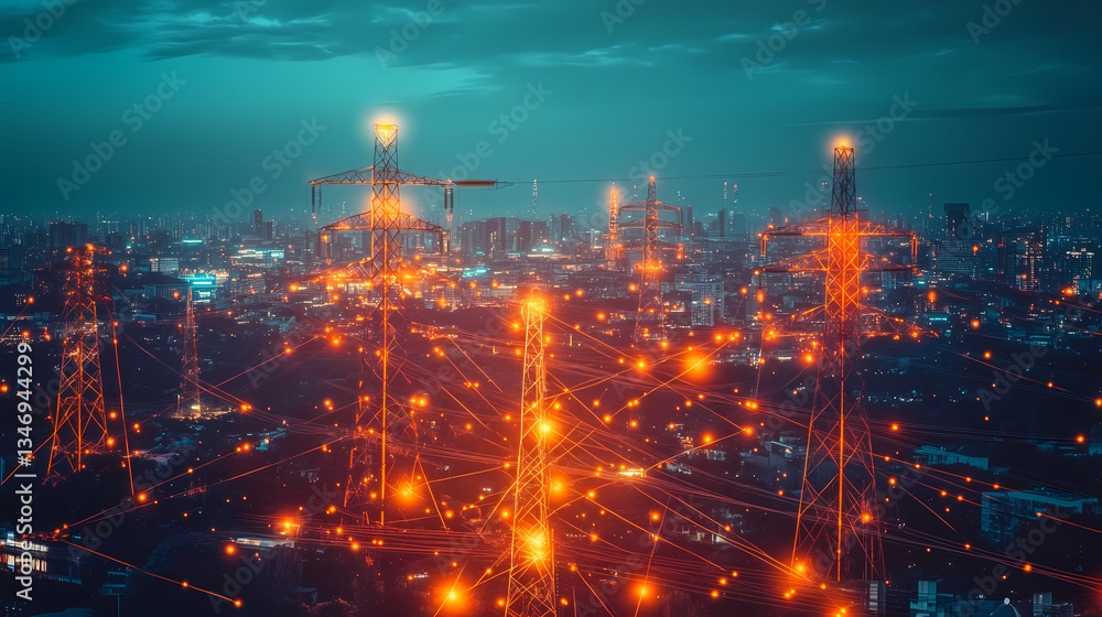 Poster illuminating communication: a sprawling cityscape is interlaced with a network of illuminated commun