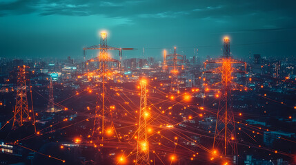 Illuminating Communication: A sprawling cityscape is interlaced with a network of illuminated communication towers, glowing with radiant lights and connected by a digital network.
