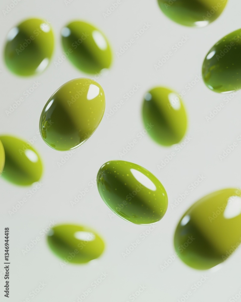 Poster abstract composition of green glossy ovals floating in the air creating a modern artistic background