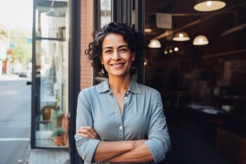 Fototapeta premium Portrait of confident smiling middle age Hispanic female owner standing at entrance of deli
