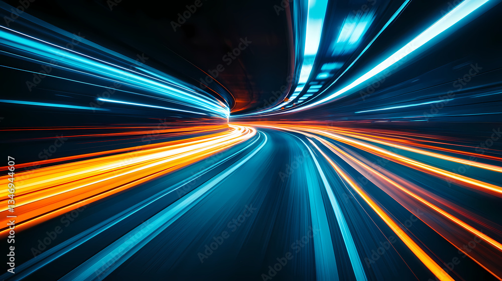 Poster speed of light: abstract depiction of motion, speed and acceleration, luminous trails, futuristic an
