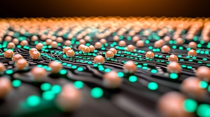 Obraz premium Abstract illustration of a technological structure with glowing lines and spheres. A 3D rendering of a microchip or nanotechnology design. Spheres and glowing patterns creating a complex network..