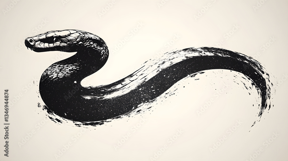 Poster a stylized illustration of a snake, characterized by bold black lines and a fluid, dynamic form