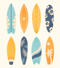 Summer illustrations of different surf boards. Vector design elements