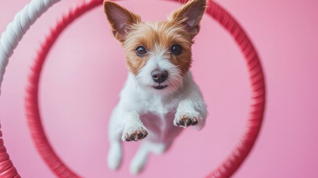 Small brown and white dog jumping through a red hoop against a pink background, looking at the camera, concept of training and agility