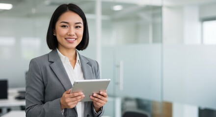 Smiling woman in gray suit holding tablet in bright office setting with glass wall background