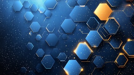 Futuristic blue and gold hexagonal pattern with glittering particle effects