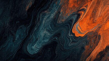 Abstract swirling patterns of orange and blue create a vibrant backdrop, evoking a sense of movement and energy