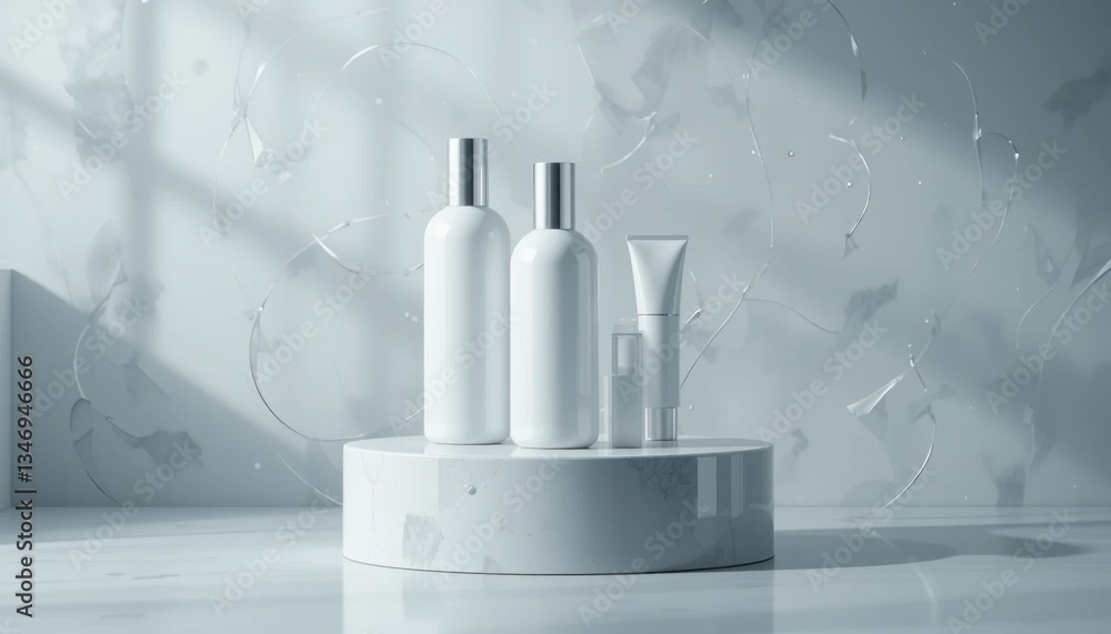 Poster elegant minimalist display of white bottles and tubes on glossy pedestal in soft-focused ambient set