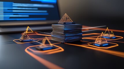 Abstract illustration of interconnected data stacks on a dark surface, with a laptop displaying code in the background.