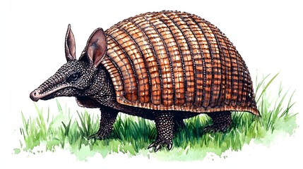 Illustration of a Detailed Armadillo Standing on Green Grass in Natural Habitat