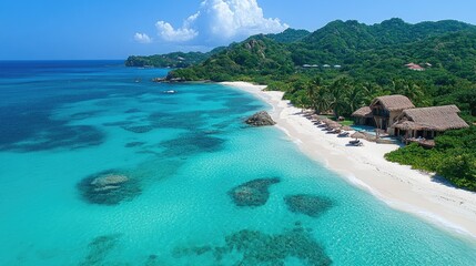 Fototapeta premium Idyllic beach paradise featuring white sand, crystal clear turquoise water, and lush green hills under a sunny sky
