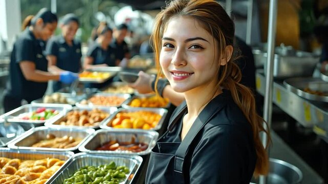 Volunteers prepare and serve food at a community event, promoting equality and support for those in need. Individuals joyfully contribute their time and effort to help others enjoy a meal.