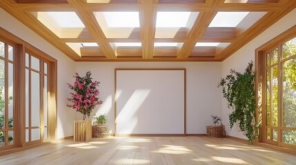 Bright and Spacious Modern Interior with Wooden Beams and Natural Light Illuminating Indoor Plants