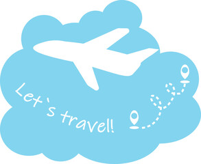 Illustration of the plane on a blue background with text: Let's travel