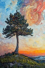 Painted tree stands silhouetted against sunset sky