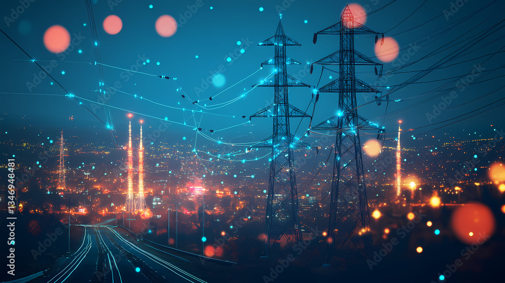 Poster electric grid: a captivating view showcases a network of power lines and utility poles illuminating 