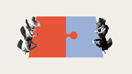 Corporate alignment. Business teams positioned around puzzle table, symbolizing strategic...
