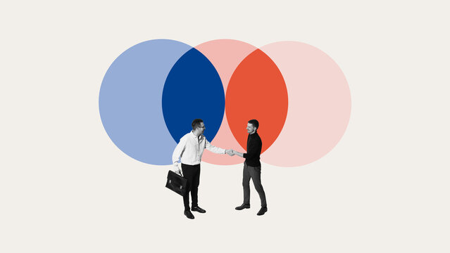 Strategic deal. Two partners shaking hands under intersecting spheres, symbolizing successful merger, joint ventures, balanced negotiations. Corporate synergy, financial strategy, acquisition concept