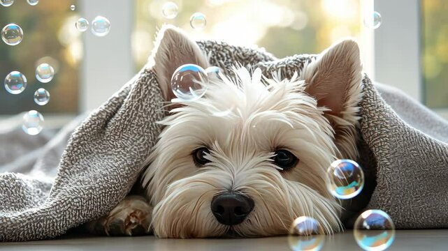 A small dog relaxes under a soft blanket as bubbles float around in a sunny indoor space
