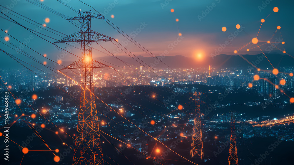 Poster power grid at dusk: a mesmerizing view of a city's power grid, as electric energy flows, interconnec