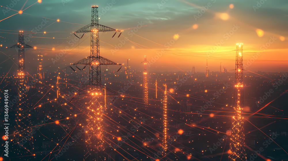 Poster power grid network: an aerial view showcases a sprawling power grid at dusk, seamlessly interconnect