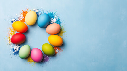 A perfectly arranged circle of vibrant Easter eggs on a textured blue background, surrounded by festive color splashes.
