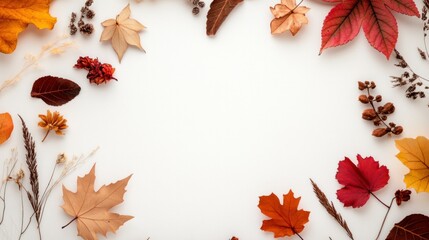 Fototapeta premium Autumn leaves frame with colorful foliage on white background.