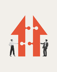 Corporate integration. Business people aligning puzzle-like structures, symbolizing seamless merger, strategic collaboration, economic synergy. Concept of structured growth, teamwork, acquisition.