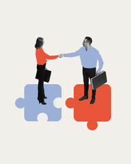 Successful deal. Business people shaking hands over interconnected puzzle pieces. Strategic...