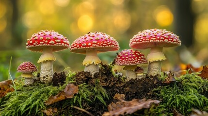 Fototapeta premium Magnificent Amanita Muscaria Mushrooms in Autumn Forest Setting