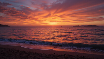 Breathtaking sunset over ocean, with vibrant orange and purple hues reflecting on water, creating serene atmosphere