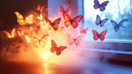 Night butterflies fly near window, smoky room