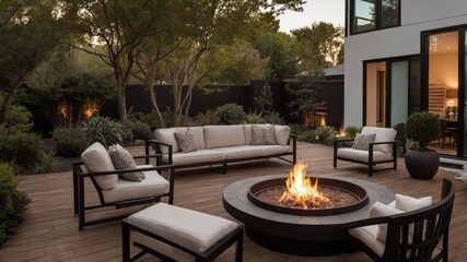 Outdoor patio with modern furniture and a central fire pit