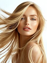 Fototapeta premium Blonde Woman Portrait with Flowing Hair and Light Makeup on White