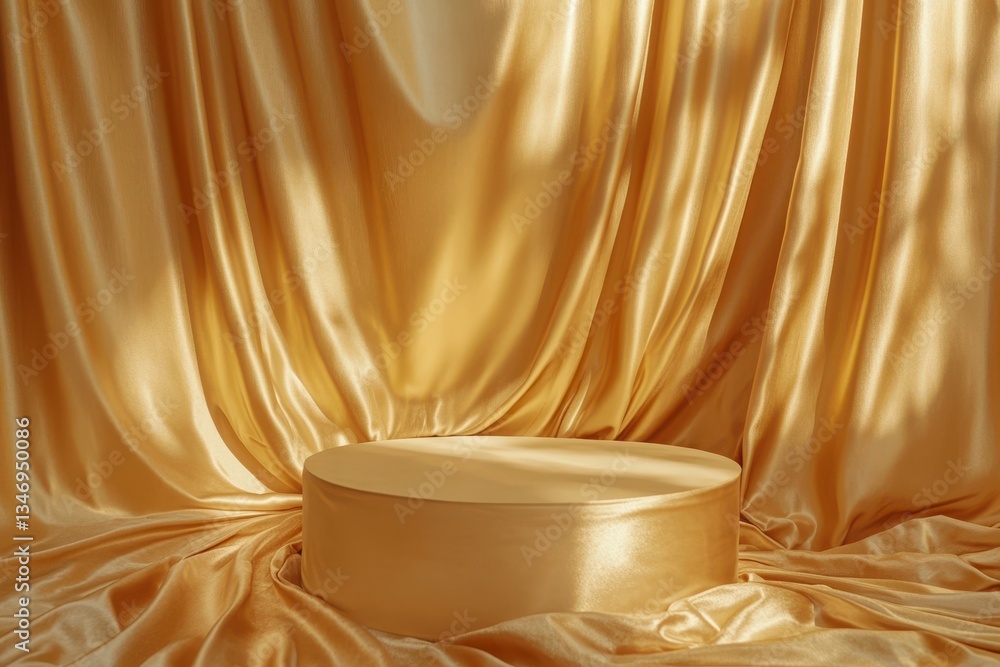 Poster golden podium stage with draped fabric backdrop creating an elegant and luxurious presentation space