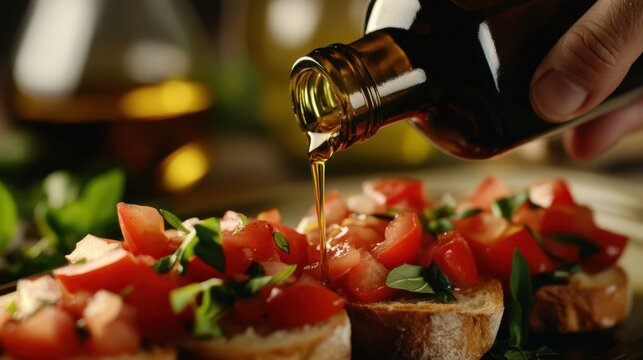 Drizzling olive oil on bruschetta.