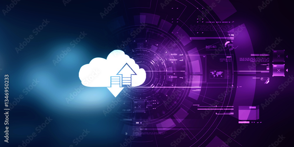 Poster 2d illustration uploading downloading arrow with cloud