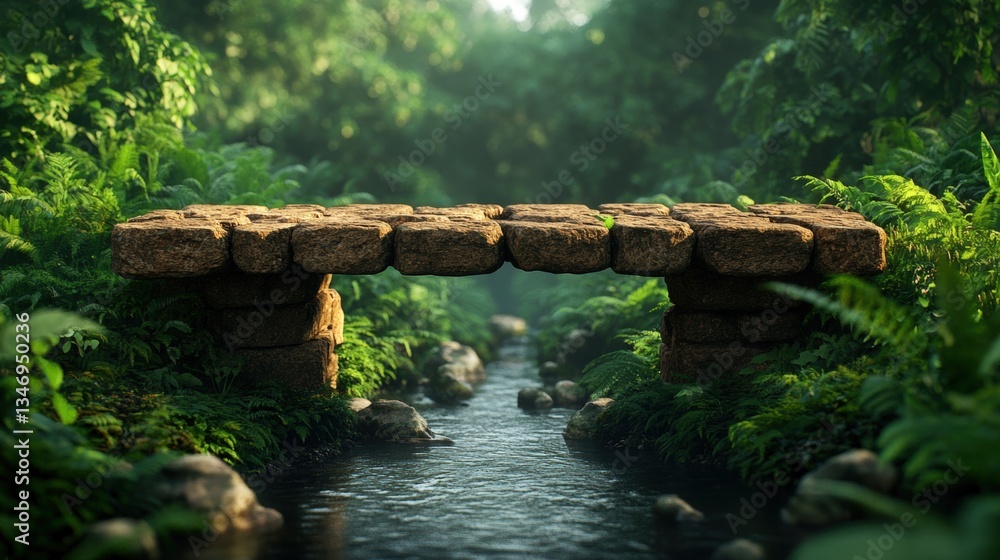 Poster ancient stone bridge spanning a narrow stream in a lush jungle setting photorealistic render with in